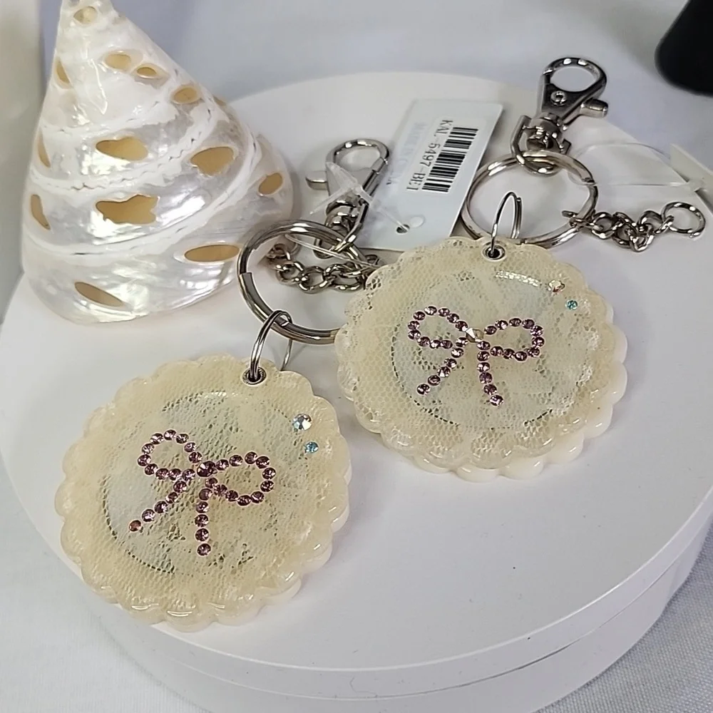 Set of 2 Acrylic Lace Flower / Mirror Keychain Purse Charm Rhinestone Bow